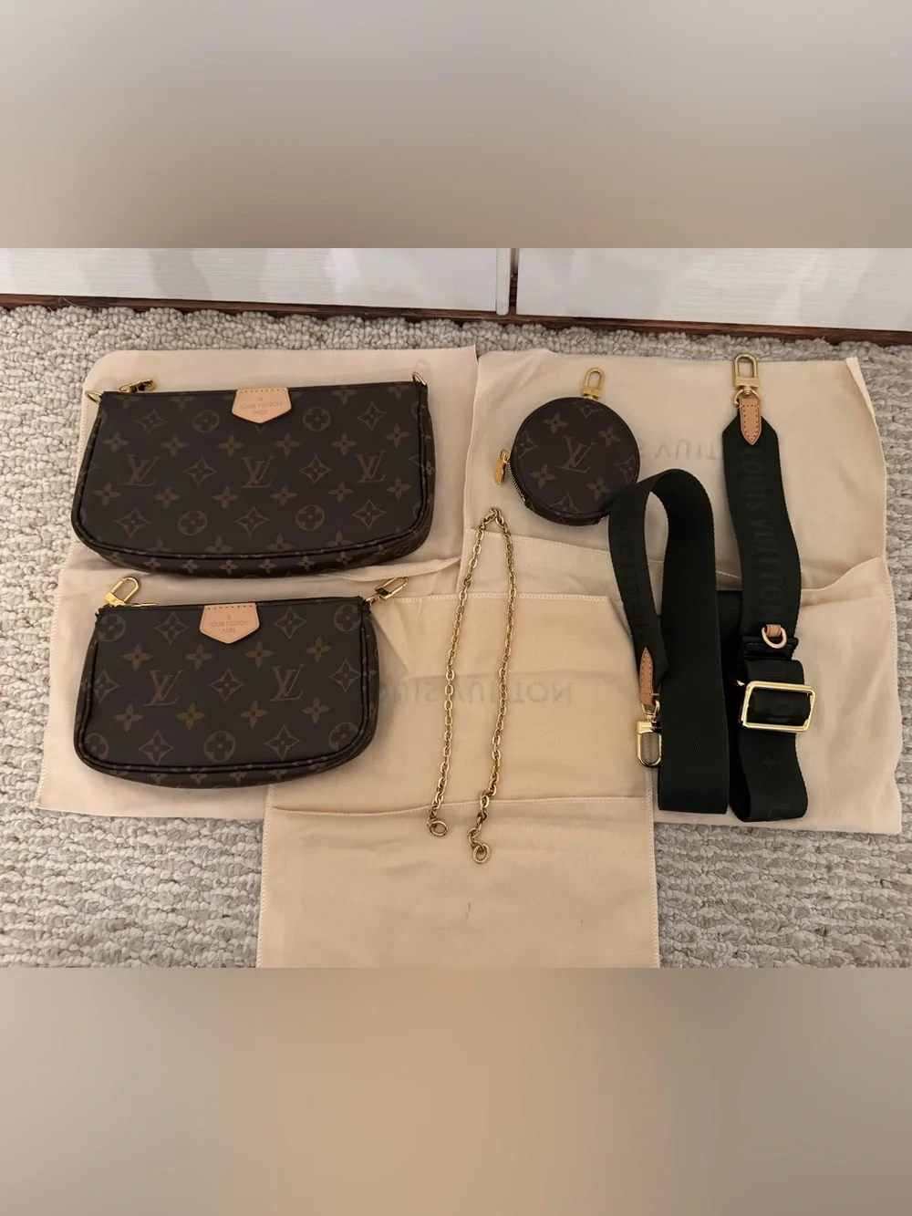 Louis Vuitton Monogram Mini Pochette Trio with Gold Chain
